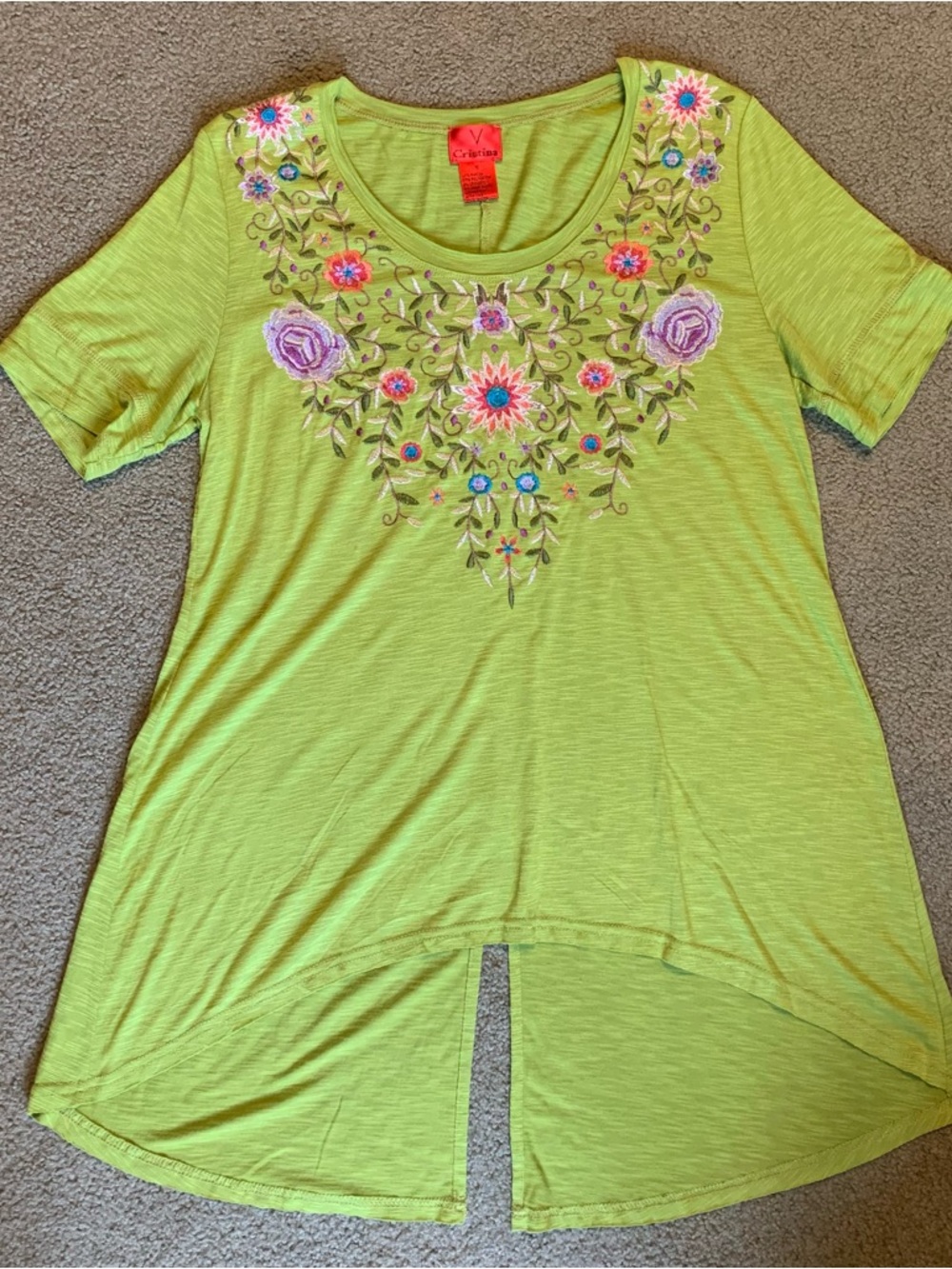 V Cristina Blouse Womens Size M Limeade Green Floral Round Neck Short Sleeve
